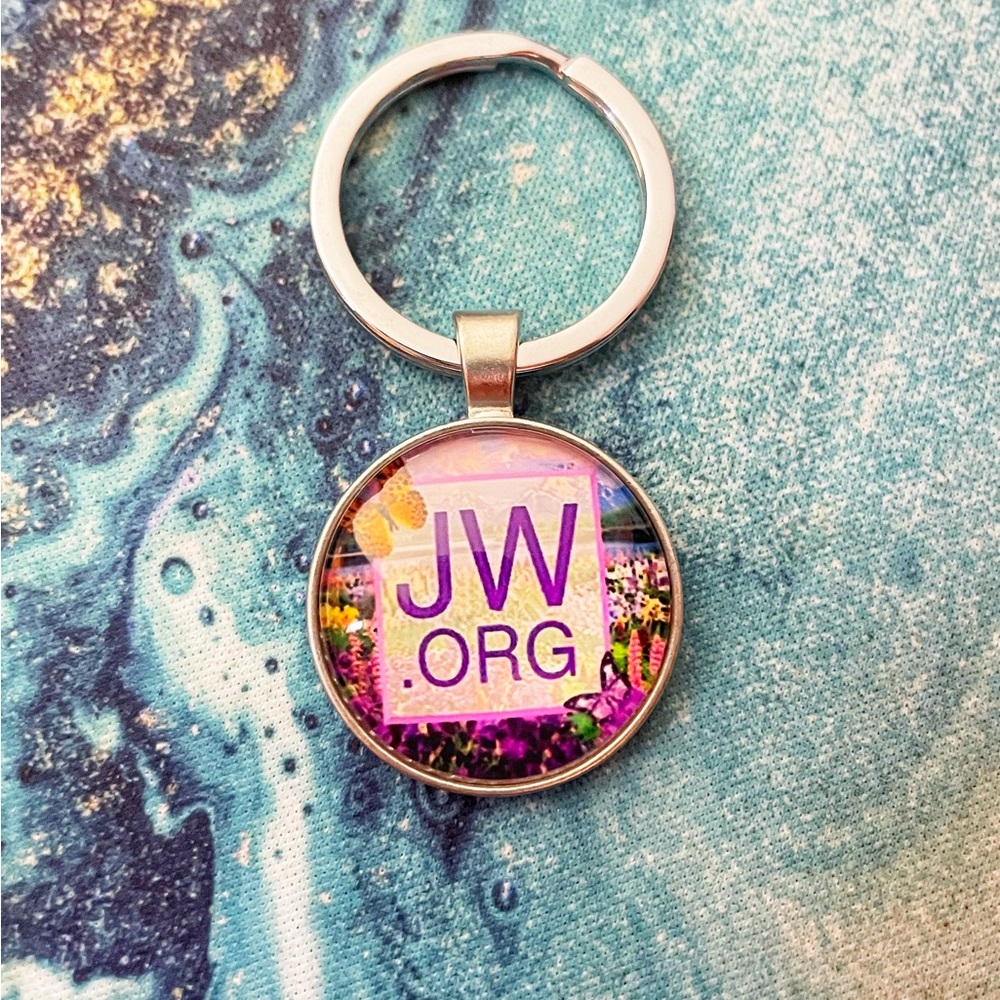 🔴 3 for $15 JW Org NWT Purple Pink Cabochon Keychain on Stainless Steel Key
